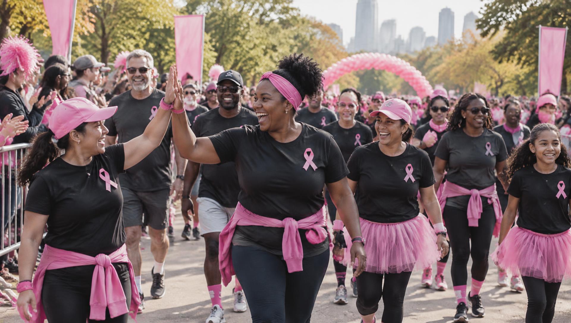 Walk team wearing matching custom breast cancer awareness shirts
