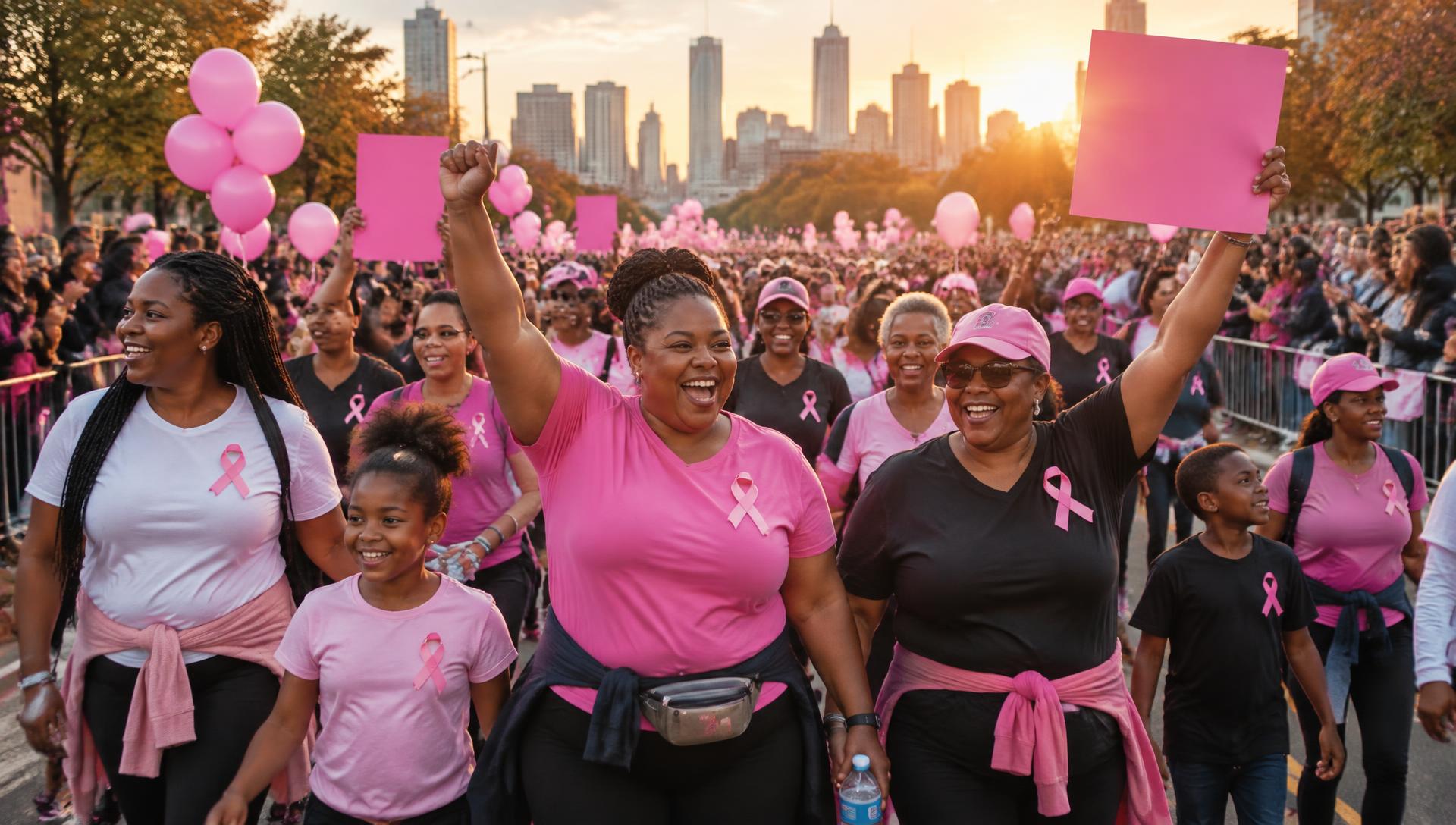 Families and supporters walking together at a breast cancer awareness walk